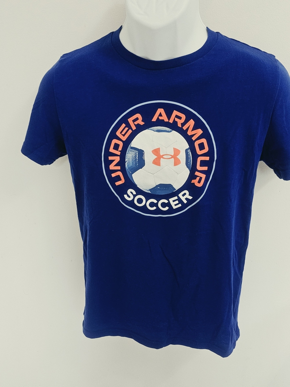Under Armour Boys Navy Blue Soccer Graphic Tee with Orange Logo, Sz L Youth
